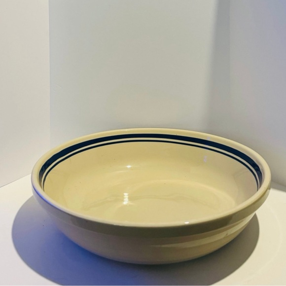 Roseville Ohio Friendship Pottery Large 13" Beige Blue Stripe Pasta Serving Bowl - Picture 4 of 6
